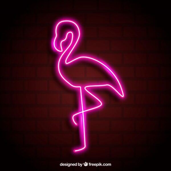 A glowing neon sign depicting a flamingo in vibrant colors, evoking tropical charm and whimsy.