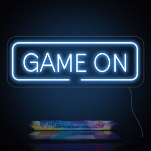 A glowing neon sign with the phrase 'Game On' in vibrant colors, evoking excitement and energy for gaming.