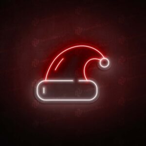 A glowing neon sign depicting a Santa Claus cap in vibrant colors, evoking festive holiday cheer.