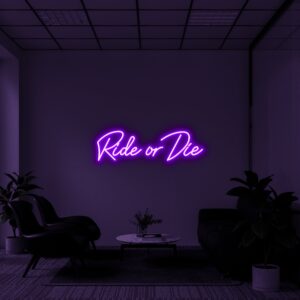 A glowing neon sign with the phrase 'Ride or Die' in vibrant colors, evoking loyalty and commitment.