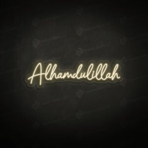 A glowing neon light displaying the elegant script of 'Alhamdulillah' in vibrant colors, adding a touch of spiritual elegance to the room.