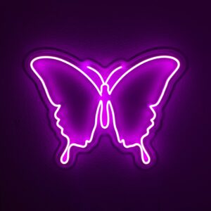 A glowing neon sign featuring a butterfly symbol in vibrant colors, evoking elegance and whimsy.