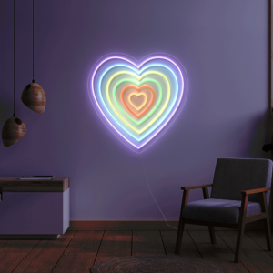 A glowing neon sign depicting an array of hearts in vibrant colors, symbolizing love and affection.