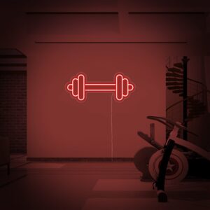 A glowing neon sign depicting a dumbbell in vibrant colors, evoking motivation and energy for workouts.