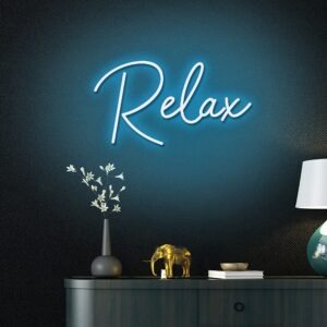 A glowing neon sign with the word 'Relax' in vibrant colors, evoking serenity and tranquility.