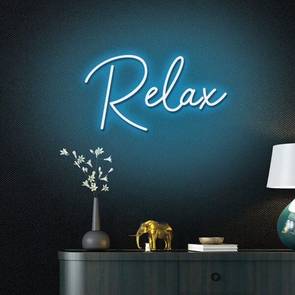 A glowing neon sign with the word 'Relax' in vibrant colors, evoking serenity and tranquility.