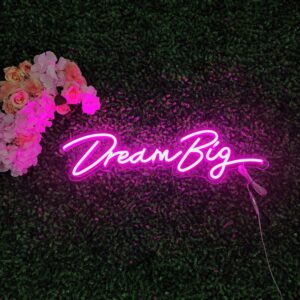 A glowing neon sign with the phrase 'Dream Big' in vibrant colors, evoking motivation and aspiration.