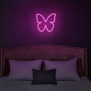 A glowing neon sign featuring a butterfly symbol in vibrant colors, evoking beauty and elegance.