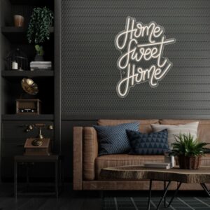 A glowing neon sign with the phrase 'Home Sweet Home' in vibrant colors, evoking warmth and comfort.