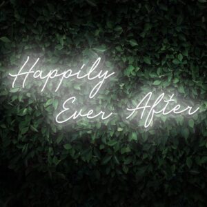 A glowing neon sign with the phrase 'Happily Ever After' in romantic cursive letters, evoking fairy-tale charm and eternal love.