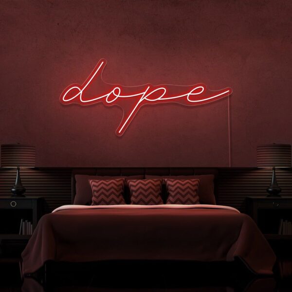 A glowing neon sign with the word 'Dope' in vibrant colors, evoking urban coolness and modernity.