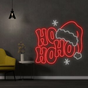 A glowing neon sign with the phrase 'Ho Ho Ho Christmas' in vibrant colors, evoking festive holiday cheer.