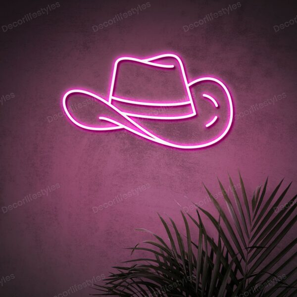 A glowing neon sign depicting a stylish hat in vibrant colors, adding a touch of fashion-forward flair to any space.