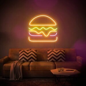 A glowing neon sign featuring a burger symbol in vibrant colors, evoking cravings for deliciousness.