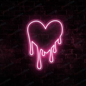 A glowing neon sign with a heart shape dripping in vibrant colors, evoking romance and passion.