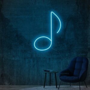 A glowing neon sign with a musical note symbol in vibrant colors, evoking rhythm and melody.