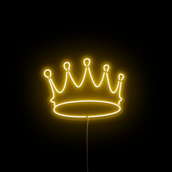 A glowing neon sign depicting a king's crown in vibrant colors, evoking regal elegance and sophistication.