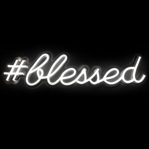 A glowing neon sign with the hashtag '#blessed' in vibrant colors, evoking gratitude and positivity.