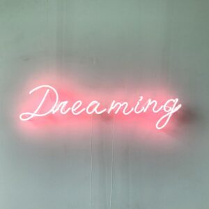 A glowing neon sign with the word 'Dreaming' in vibrant colors, evoking a sense of wonder and creativity.