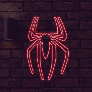 Neon sign depicting a stylized spider in bright red, glowing vividly against a dark background.