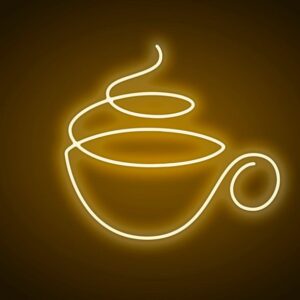 Neon sign shaped like a steaming teacup with the word 'Tea' in cursive, glowing in soothing green and white colors against a dark background.