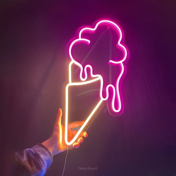 Neon sign depicting an ice cream cone, with layers of colorful swirls, glowing brightly in a playful array of pink, white, and blue against a dark background.