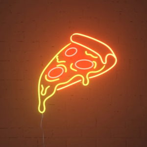 Neon sign depicting a slice of pizza with glowing yellow cheese and red pepperoni, illuminated against a dark background.